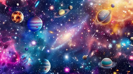 Wall Mural - Vibrant Cosmic Galaxy with Planets and Stars