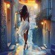 mulatto woman in a flowing white dress gracefully walks down a street lined with buildings, exuding an aura of elegance and poise.