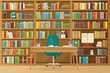 Illustration of an office library with bookshelves filled with books, and a desk with a chair in front of it