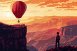 A man stands on the edge of an ancient mountain, looking at a beautiful sunset and hot air balloon in the sky