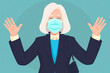 Elderly business woman wearing a medical face mask and waving her hands, illustration, welcoming pose, friendly