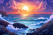 Illustration of a sunset over the ocean with rocks and waves