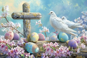 Easter art with crosses, doves. Happy easter. Easter concept