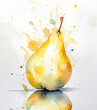 Vibrant watercolor pear with abstract splashes, reflecting elegance and creativity