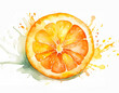 A vibrant watercolor depiction of a juicy orange slice, bursting with freshness and artistic flair
