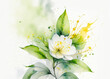 An elegant white flower amidst yellow and green watercolor splashes, showcasing the harmony of nature and art