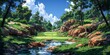 mesmerizing painting capturing a tranquil river as it winds its way through a dense, green forest, creating a harmonious atmosphere of natures beauty.