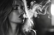 Close up of young woman smoking a cigarette, black and white photo
