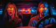 man and a woman drive through the night, their faces illuminated by the soft glow of the dashboard lights as they navigate the dark roads.