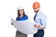 © be free - Supervisor engineer with blueprint. Plan construction project. Architect planning work. Chief engineer and architect in hardhat isolated white. Safety business. Data protection. Architectural project