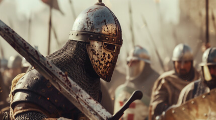 Medieval knight in battle-worn armor, wielding a blood filled sword in the middle of a war scene, oozing courage. Epic cinematic scene with warriors fighting in the background.