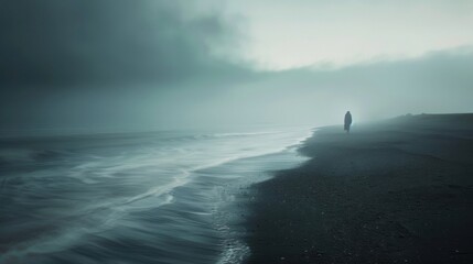 Wall Mural - On a misty beach at dusk a lone ghostly figure stands at the edge of the water staring out at the endless horizon. As the waves crash . .