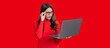 Knowledge and online education. Video lesson on laptop. Teen girl with laptop isolated on red. Teen girl study online. Online education. Back to school. Virtual classrooms