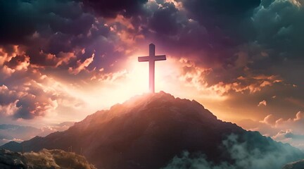 Wall Mural - Wooden cross symbolizing death and glory of God in heaven. Timelapse and Hyperlapse The cross of Jesus Christ against the background of beautiful clouds and rays of light on top of mountain