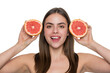 Skin of beauty woman isolated on white. Beauty woman with grapefruit. Woman fill skin with vitamin. Skincare and diet. Young girl has clean skin. Healthy lifestyle. Embrace natural beauty
