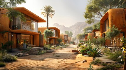 Wall Mural - Desert Community Adapting to Heatwaves with Innovative Housing and Protective Clothing