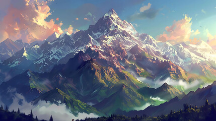 Wall Mural - natural landscape with mountains, trees, and clouds in the sky