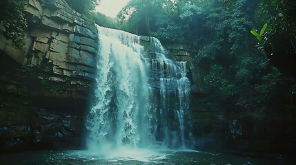 Wall Mural - natural wonders of the world a stunning waterfall surrounded by lush greenery and a clear blue sky