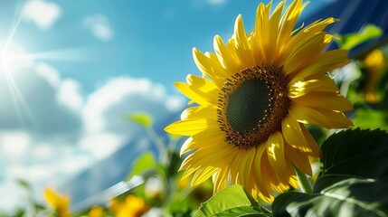 Close-up of a sunflower with solar panels in the background against the sky with copyspace for text. Clean renewable energy farming concept and green alternative power generation. hyper realistic 