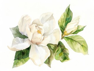 A clean watercolor painting of a gardenia, its petals soft and inviting, minimal watercolor style illustration isolated on white background