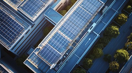 Wall Mural - High-Altitude Snapshot of a Modern Industrial Facility with Solar Panels on Top. hyper realistic 