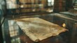 Ancient manuscript on display in glass case with library shelves blurred background