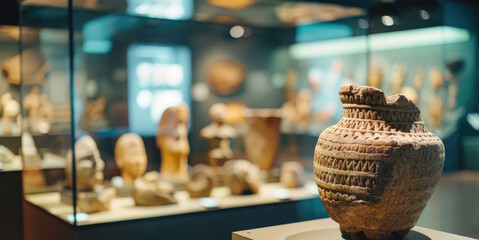 Ancient pottery exhibited in museum display with soft lighting