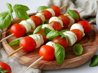 Wall Mural - Three skewers of food with basil and tomatoes on a wooden plate. The plate is on a white background