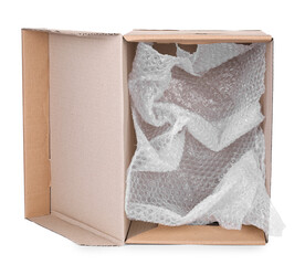 Wall Mural - Transparent bubble wrap in cardboard box isolated on white