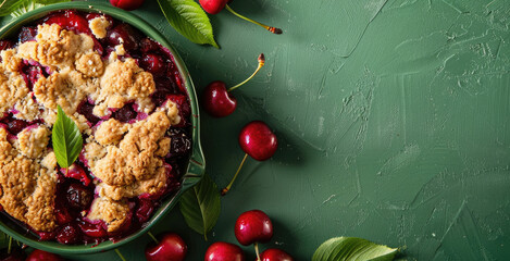 Baked cherry crumble in green dish surrounded by fresh cherries on textured background