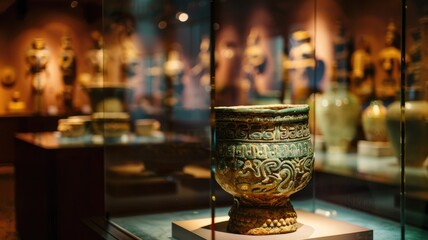 Ancient artifact displayed in museum showcase with blurred background exhibits