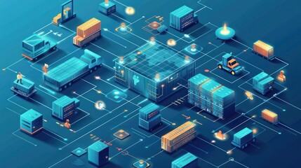 Industrial factory isometric 3D illustration design with neon light effect. Industry 4.0. Future.