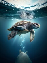 A Turtle Is On A Rock And Is Swimming Near A Turtle.