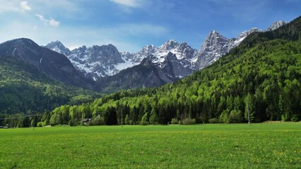 Wall Mural - Aerial view of green pasture and breathtaking peaks of Triglav mountain. Julian Alps, Triglav National Park, Slovenia, 4k