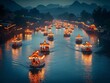 A river with many boats on it, some of which are lit up. The scene is peaceful and serene