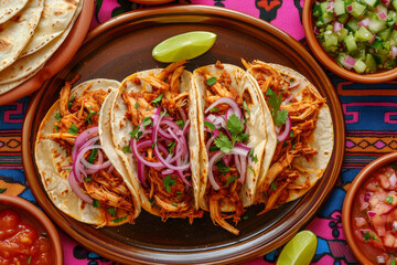 Wall Mural - A traditional Mexican dish of tacos filled with chicken, pickled red onion and lime juice
