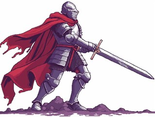 Wall Mural - A knight in full armor is holding a sword and is wearing a red cape. The knight is standing on a rocky surface, ready to fight. Concept of strength, courage, and determination