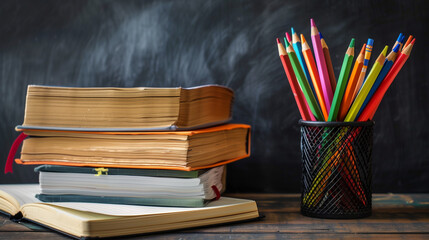 Wall Mural - A stack of books and a pencil holder sit on a desk. The books are of various sizes and colors, and the pencil holder is filled with a rainbow of colored pencils. The scene suggests a creative
