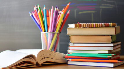 Wall Mural - A stack of books and a pencil holder sit on a desk. The books are of various sizes and colors, and the pencil holder is filled with a rainbow of colored pencils. The scene suggests a creative