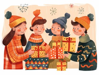 A group of people are holding presents and smiling. Scene is happy and festive