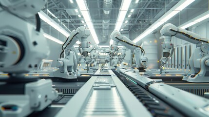 Wall Mural - Robotic arm works in factory automation revolution industry 4.0