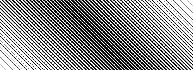 Wall Mural - Oblique line halftone gradient texture. Fading diagonal stripe gradation background. Black slanted pattern backdrop. Thin to thick stripe vanish backdrop for overlay, print, cover. Vector wide texture