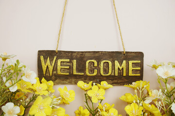 Sticker - Welcome Sign with flowers frame decorate on pink background