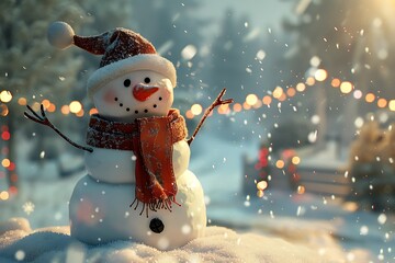 Wall Mural - Christmas holiday card with snowman and falling snow