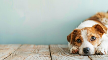 Weary-looking tricolor dog resting on wooden floor against blue wall