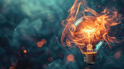 Wall Mural - Glowing light bulb with smoke on dark background