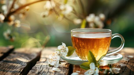 Transparent cup of tea with saucer on wooden surface amidst blossoming branches