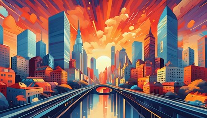 Wall Mural - a bustling urban cityscape, brought to life through digital painting, embodying 