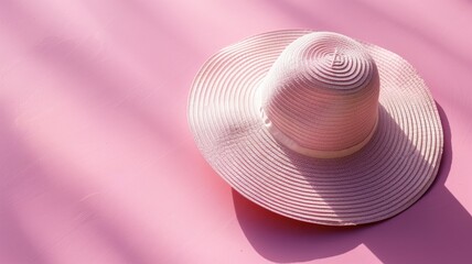 Wall Mural - Pink and white striped sunhat on textured pink surface casting shadow