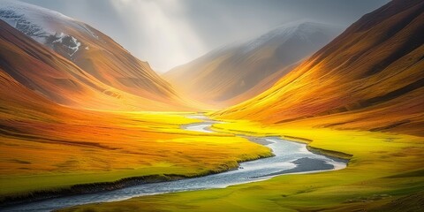 Wall Mural - Vibrant valley with a meandering river and golden hills under glowing sunlight, symbolizing nature's harmony
